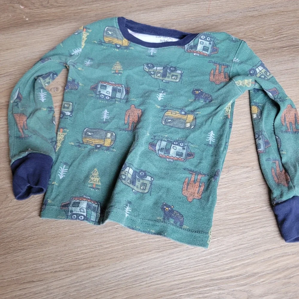 Carter's Pajamas Boys 3T Green Bigfoot Camping Snug Fit Cotton 2PC Sleep Set